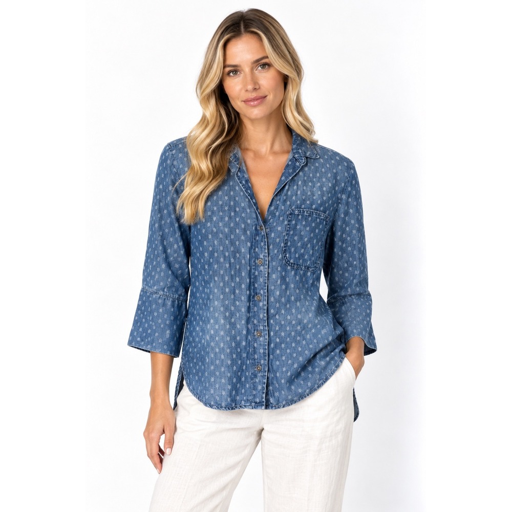 Anthropologie Cloth & Stone Button Down Women XS Blue Geometric Chambray Topgie